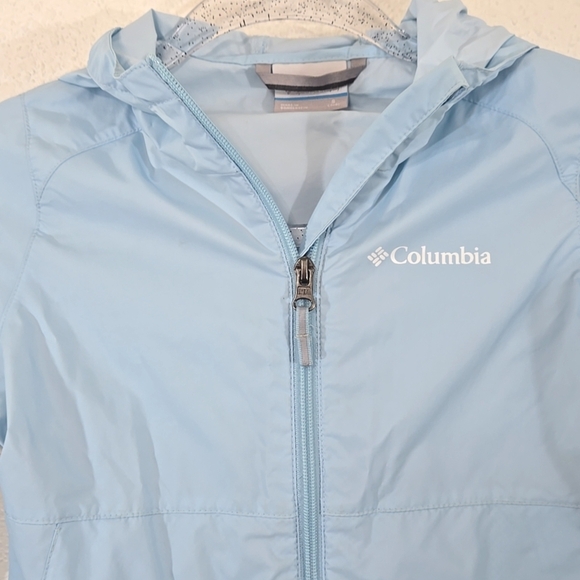 Columbia Girls Windbreaker Jacket Hooded Lightweight Pockets Light Blue, Small - Picture 2 of 11